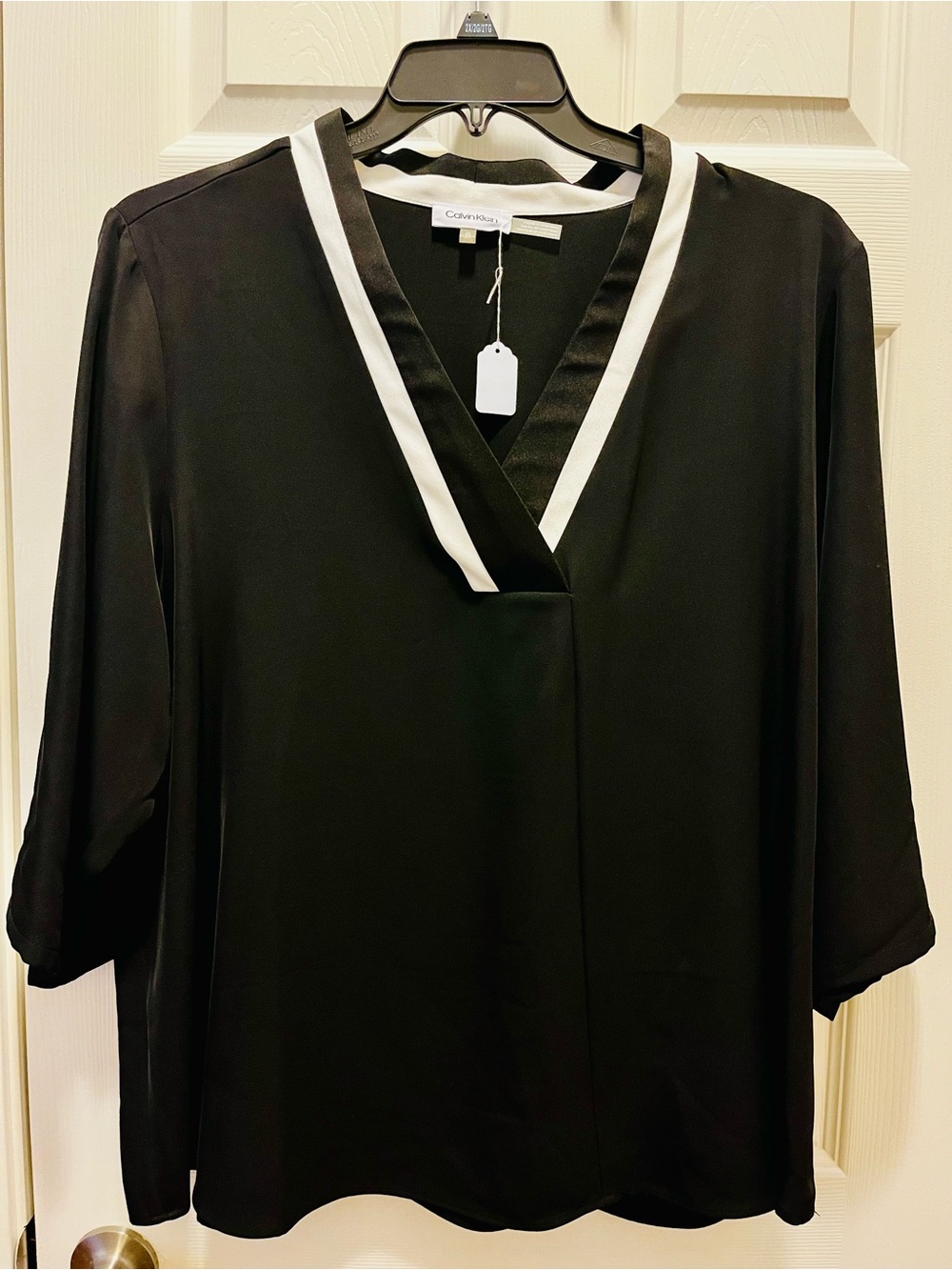 Calvin Klein Black Blouse with White V-Neck Trim